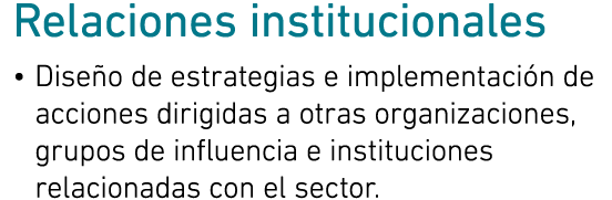 Relaciones institucionales • Dise o de estrategias e implementaci n de acciones dirigidas a otras organizaciones, gru...