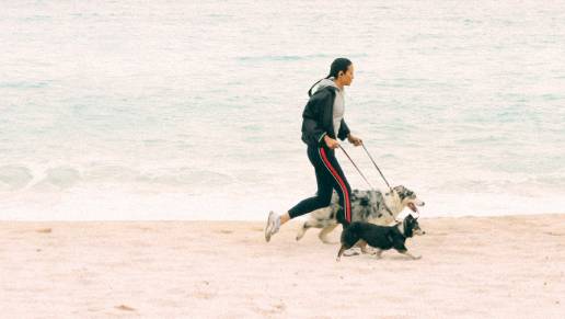Purina Europa anuncia sus compromisos hacia un futuro más sostenible, foto mujer corriendo con perros playa