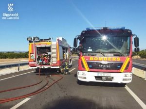 Fallecen 20 cerdos tras incendiarse el camión que los transportaba en la N-238, en Vinaròs (Castellón)