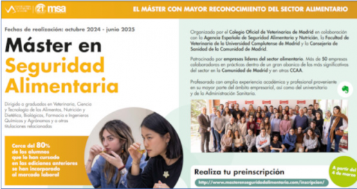 Abierto el plazo de inscripción para la para la 21ª edición del Máster en Seguridad Alimentaria (MSA) del Colegio de Veterinarios de Madrid 