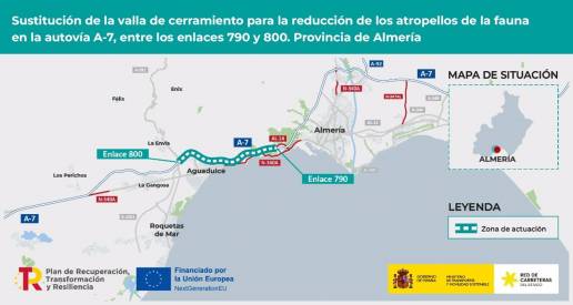 Transportes cambiará la valla que bordea la A-7 desde Almería a Roquetas de Mar para evitar atropellos de fauna