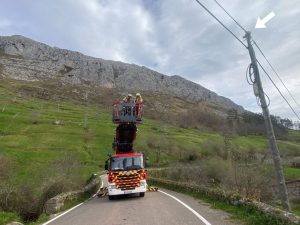 Los bomberos rescatan un gato en Lamasón tras dos días encaramado en un poste para huir de unos perros