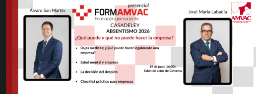 Jornada presencial de FORMAMVAC sobre absentismo laboral, el 19 de junio, de 16 a 19 horas, en la sede de COLVEMA