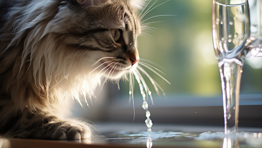 A house cat drinks from a unique water dispenser.