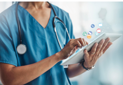 Doctor, hands and tablet in healthcare research, mobile app or software icons for innovation or communication at clinic. Hand of medical expert, nurse or specialist on touchscreen for medicare search.