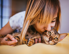 Woman and Bengal cat lie on the bed