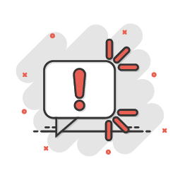 Attention sign icon in comic style. Warning banner vector cartoon illustration on white isolated background. Information business concept splash effect.