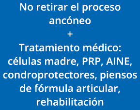 No retirar el proceso ancóneo + Tratamiento médico: células madre, PRP, AINE, condroprotectores, piensos de fórmula a   