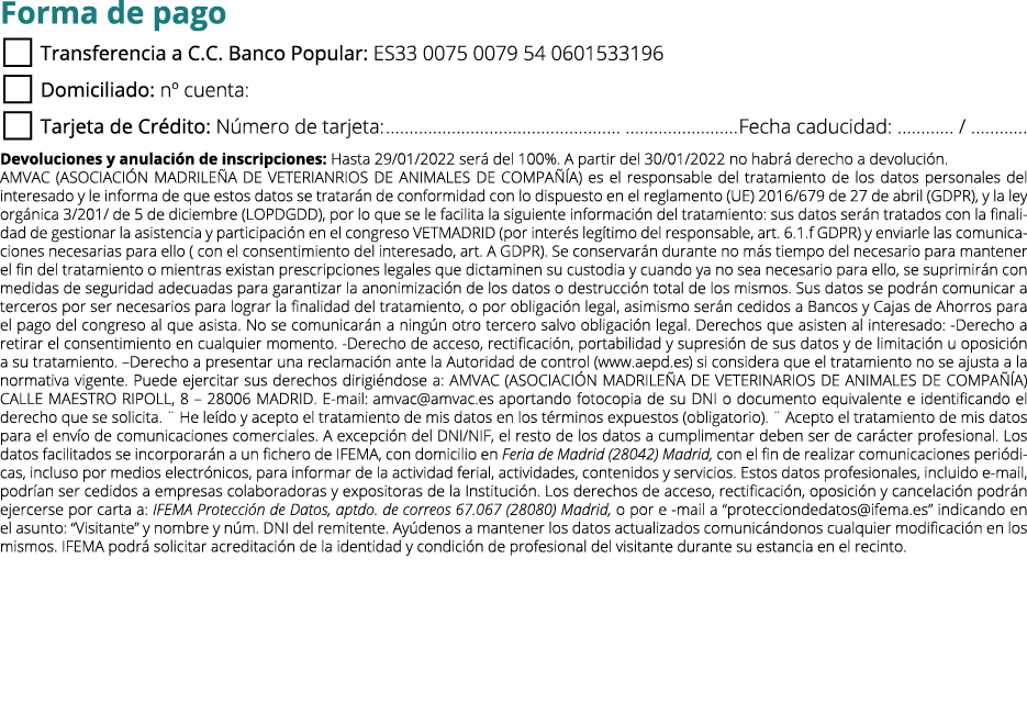 Forma de pago   Transferencia a C C  Banco Popular: ES33 0075 0079 54 0601533196   Domiciliado: n  cuenta:   Tarjeta    