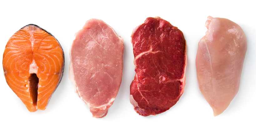 Meat collection on white background  Beef, pork, chicken, fish isolated on white  Set of natural food  Top view  Flat lay 