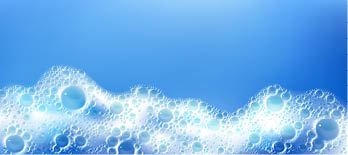 Cleaning foam with bubbles, white froth frame horizontal border, foamy texture, liquid soap or shampoo lather  Sea wave, laundry detergent spume isolated on blue background realistic 3d vector pattern