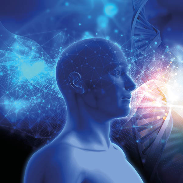 3D render of a medical background with DNA strands and male head