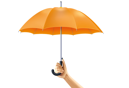 Human hand holding open yellow umbrella realistic vector illustration