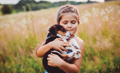 Little girl holds a puppy on her arms