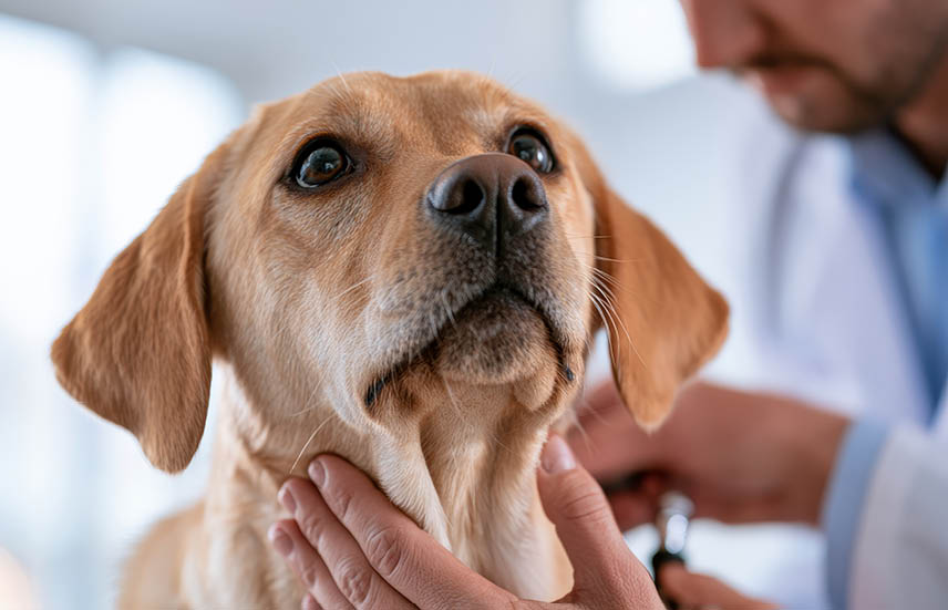 Labrador retriever is receiving a check-up from a veterinarian in a well-lit clinic, highlighting the dog's attentive expression and the vet's hands
