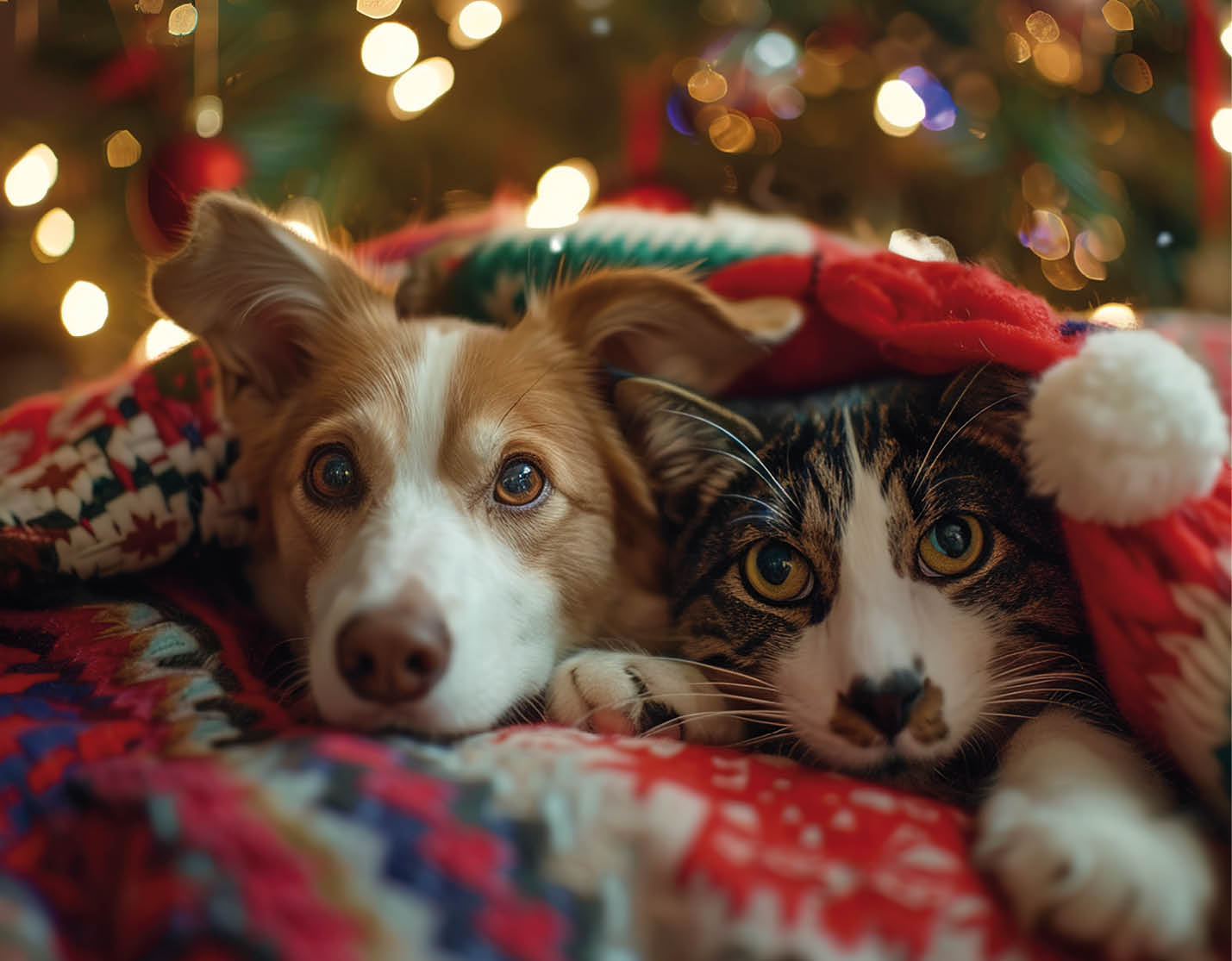 An dog and cat together under blanket at room