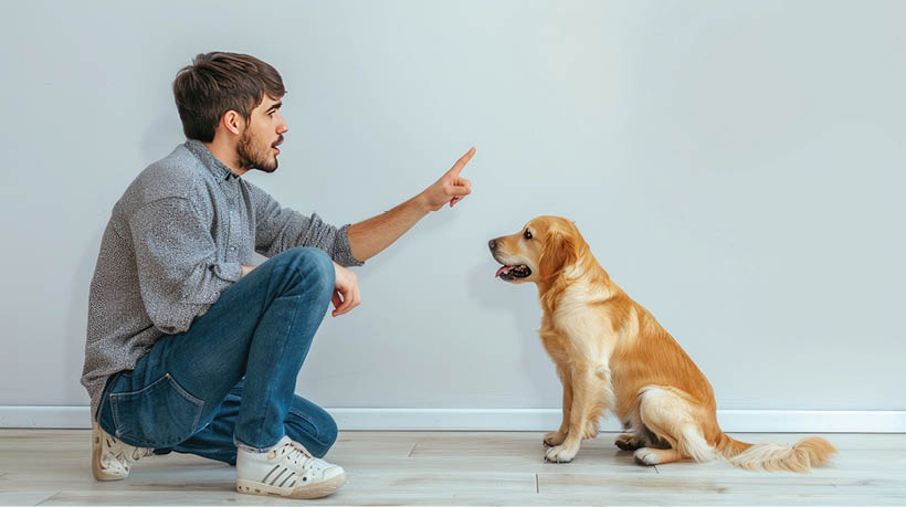 Training bond: Man instructs sitting dog with raised finger. White backdrop enhances focus
