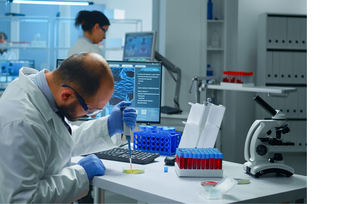Scientist putting blood sample from test tube with micropipette in petri dish analysing chemical reaction  Lab technician examining virus evolution using high tech and tools for vaccine development