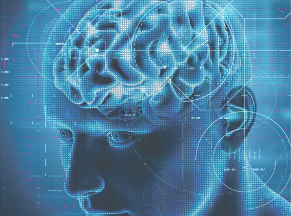 3D render of a medical background with technology design over male figure with brain highlighted